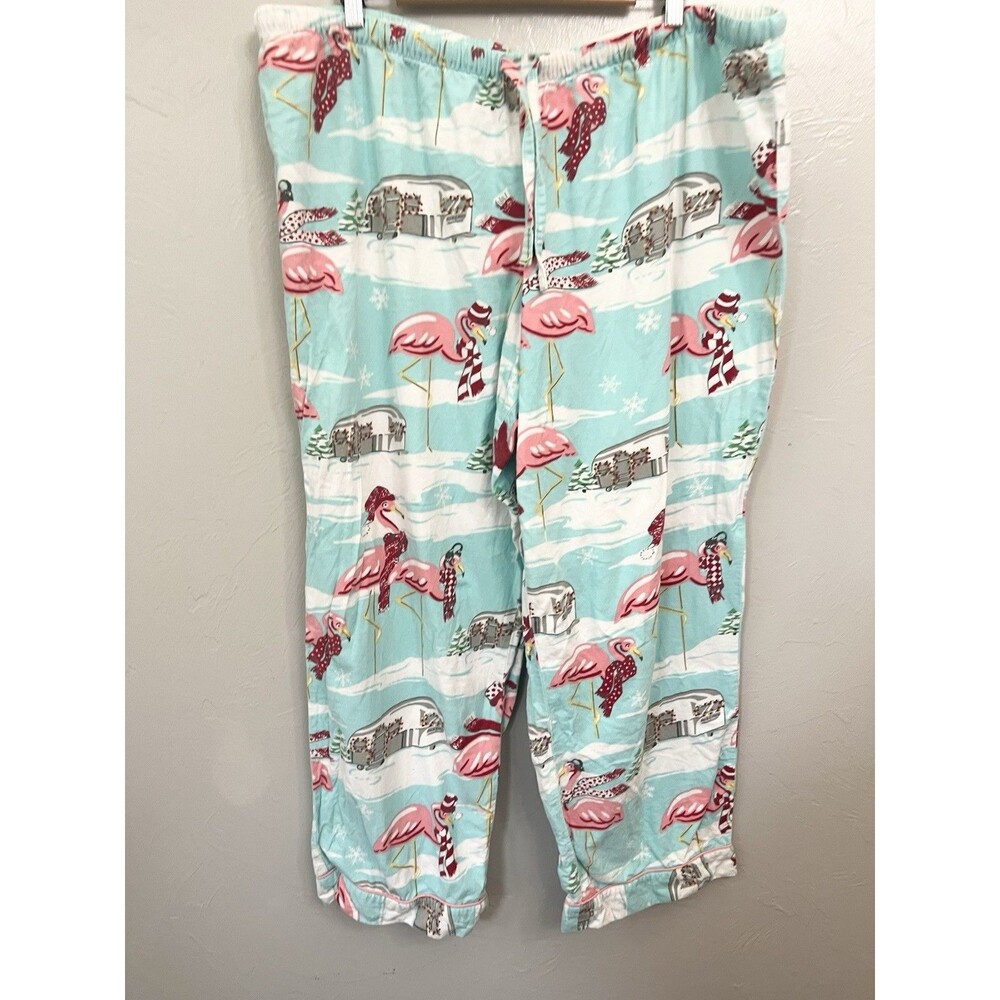 Nick & Nora Flannel Pajama Pants  Pink Flamingo Airstream Camper Aqua 3X